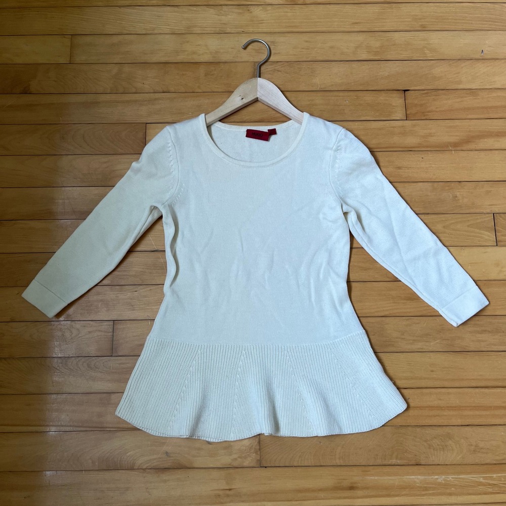 Hugo Boss White 100% Virgin Wool Peplum Knit Sweater 3/4 Sleeve Small
